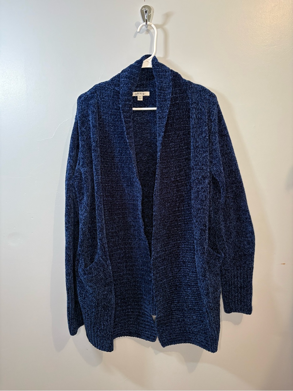 Orvis Women's Navy Chenille Open-Front Cardigan Sweater Soft Medium Oversized